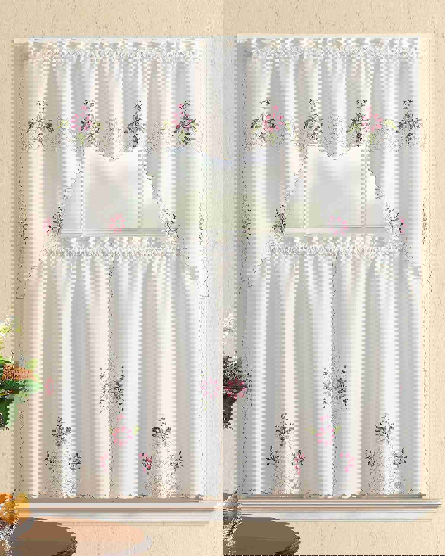 All American Collection 3-Piece Modern Embroidered Kitchen Curtain Set with Swag Valance