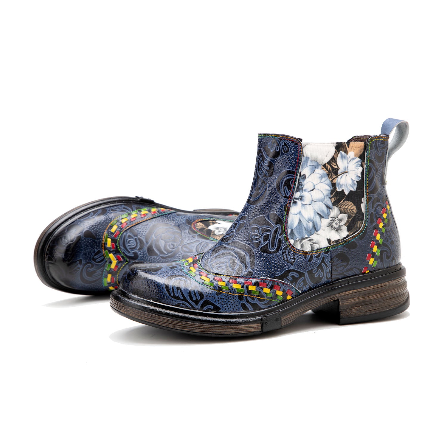 Elegant Cowhide Leather Ankle Boots with Hand-Embossed Flowers