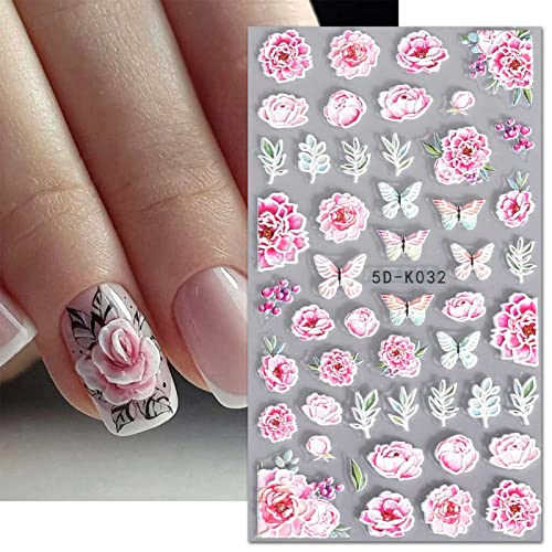 JMEOWIO 3D Embossed Spring Flower Nail Art Stickers, Self-Adhesive Floral Nail Decals for Elegant DIY Nail Designs