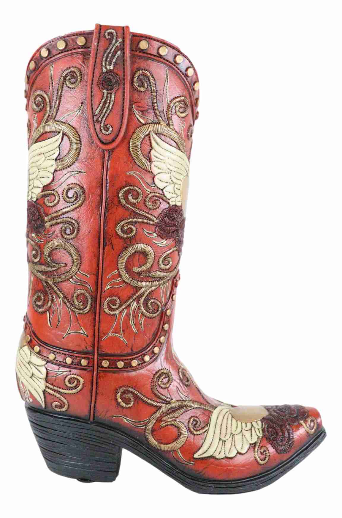 Western Style Cowgirl Boot Vase with Floral Scrollwork