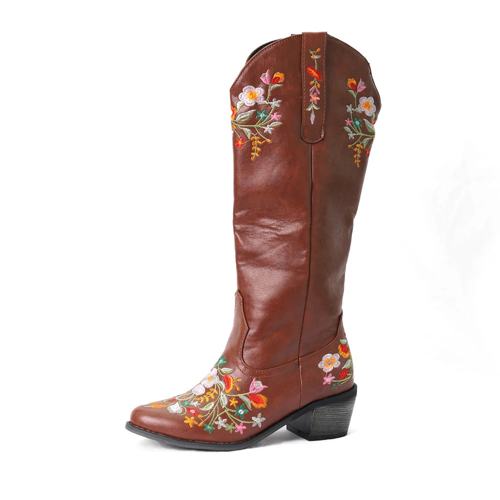Vintage Floral Embroidered Western Cowboy Boots for Women