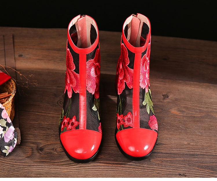 Elegant Embroidered Genuine Leather Women's Ankle Boots
