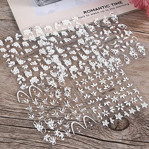 5D Embossed Flower Nail Art Stickers, 6 Sheets White & Pink Floral Designs