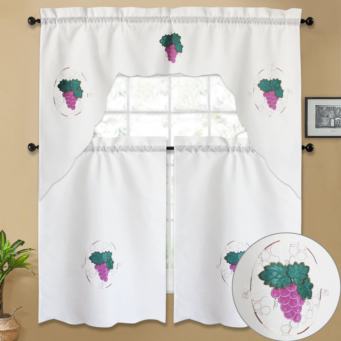 3pc Rod Pocket Embroidered Butterfly Kitchen Curtain Set with Swag Valance, 36" Length
