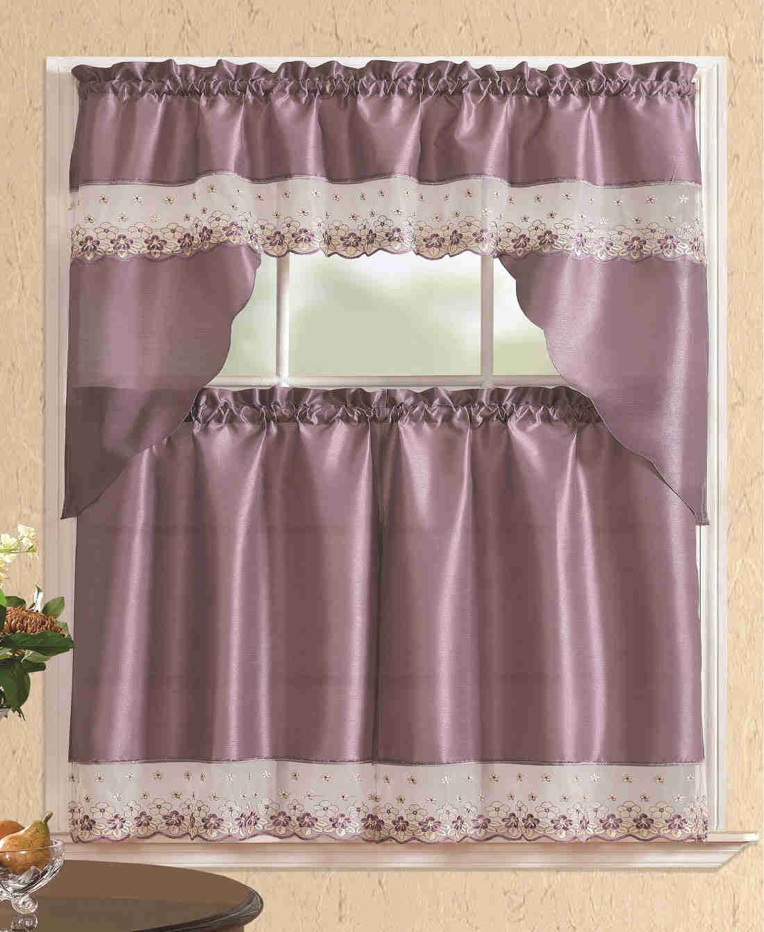 All American Collection 3-Piece Modern Embroidered Kitchen Curtain Set with Swag Valance
