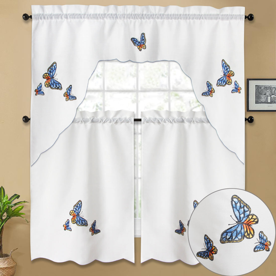 3pc Rod Pocket Embroidered Butterfly Kitchen Curtain Set with Swag Valance, 36" Length