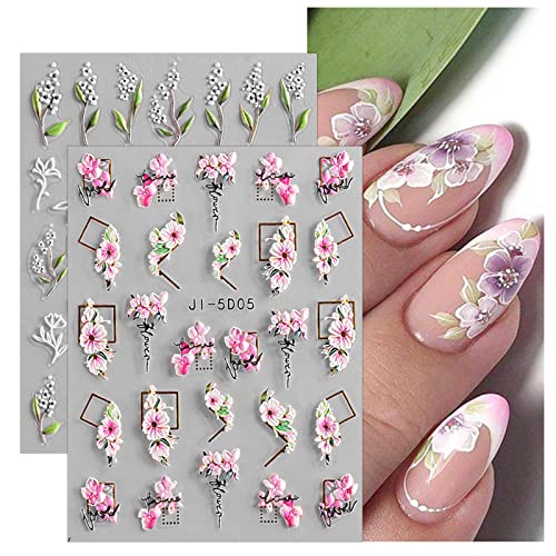 JMEOWIO 7 Sheets 3D Embossed Spring Flower Nail Art Stickers Decals Self-Adhesive, 5D Colorful Summer Floral Nail Supplies