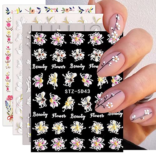 JMEOWIO 3D Embossed Spring Flower Nail Art Stickers, Self-Adhesive Floral Nail Decals for Elegant DIY Nail Designs