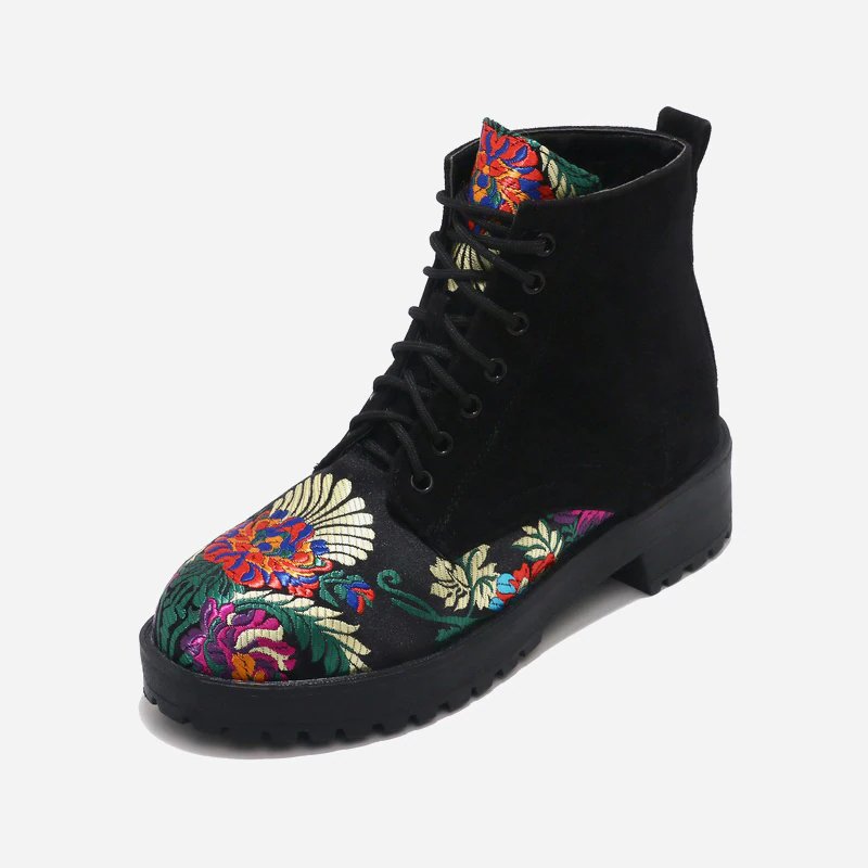 Women's Embroidered Suede Ankle Boots with Low Heel