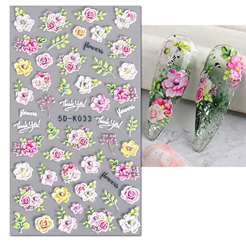 JMEOWIO 3D Embossed Spring Flower Nail Art Stickers, Self-Adhesive Floral Nail Decals for Elegant DIY Nail Designs