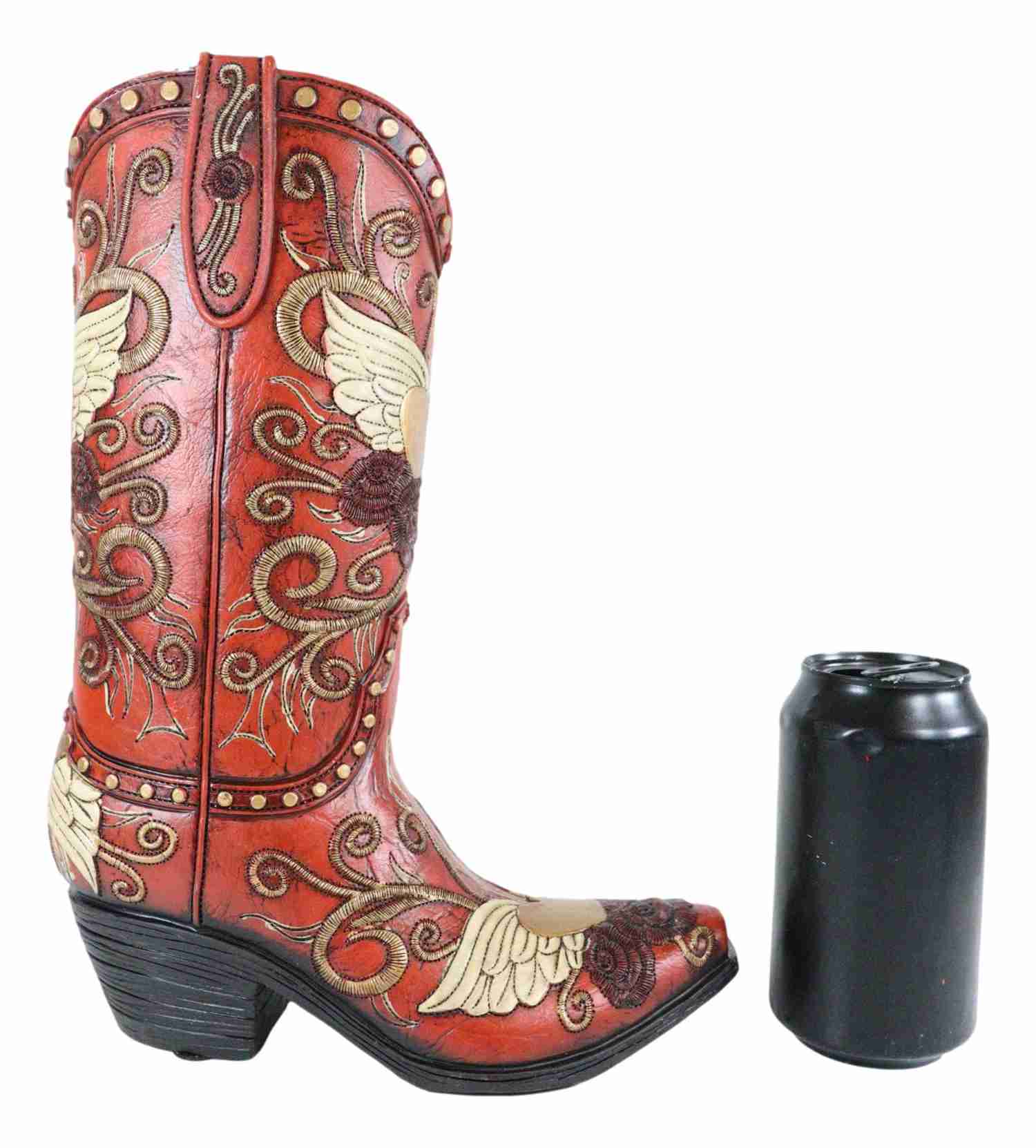 Western Style Cowgirl Boot Vase with Floral Scrollwork