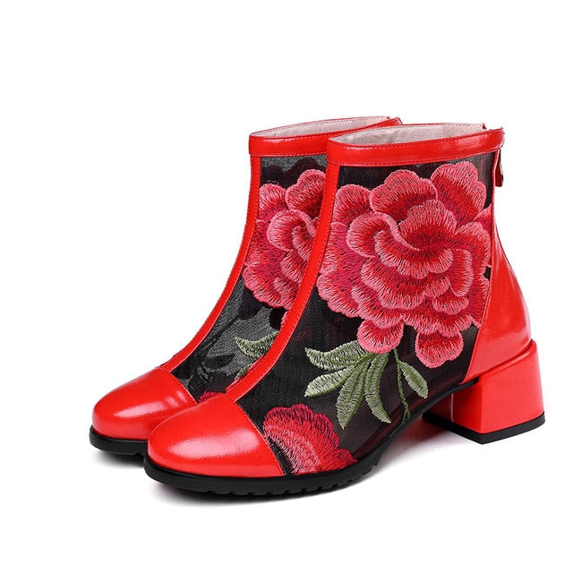 Elegant Embroidered Genuine Leather Women's Ankle Boots