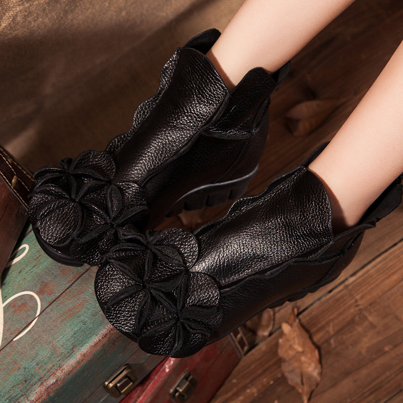 Glamorous Flower-Accented Leather Ankle Boots