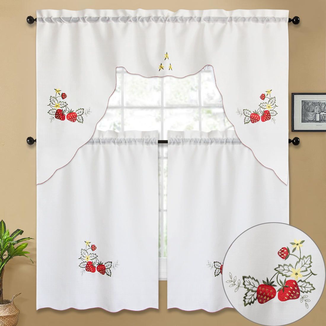 3pc Rod Pocket Embroidered Butterfly Kitchen Curtain Set with Swag Valance, 36" Length