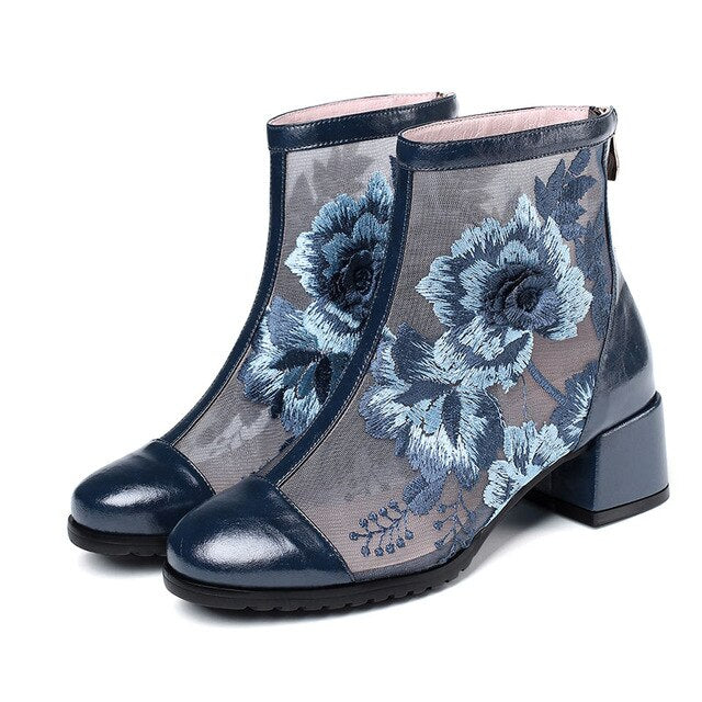 Elegant Embroidered Genuine Leather Women's Ankle Boots