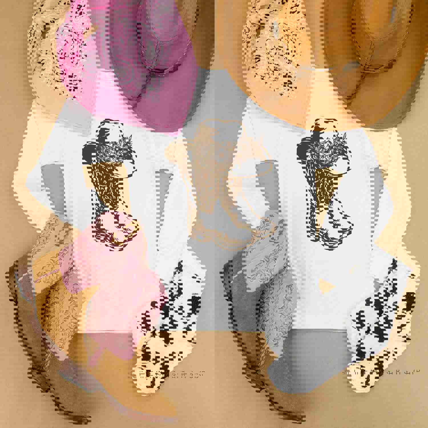 Cowgirl Boots w/ Hat and Flowers Long Sleeve Child Shirt