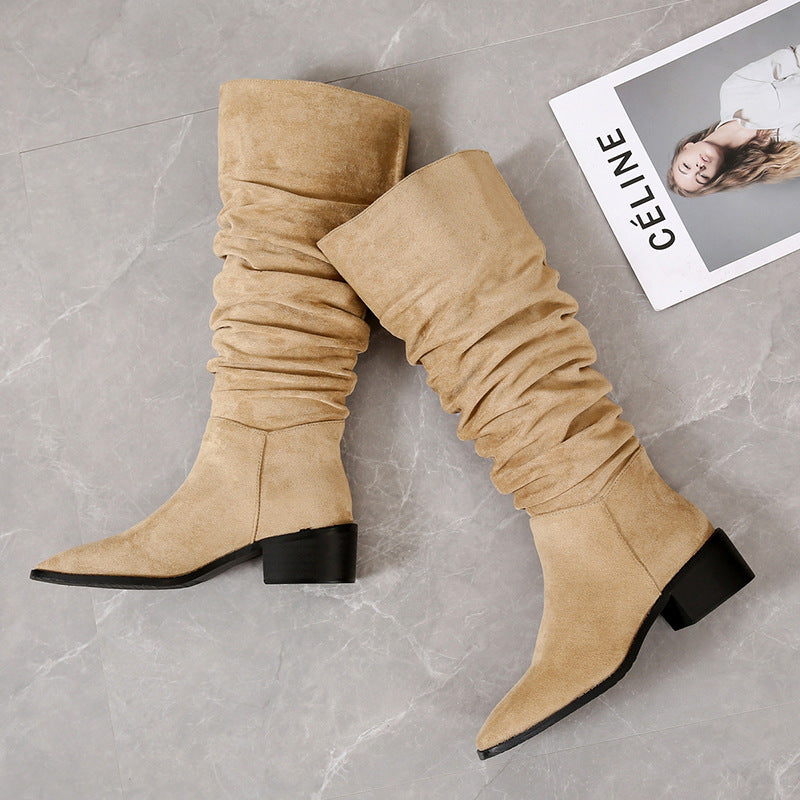 Stylish Khaki Slimming Western Denim Boots