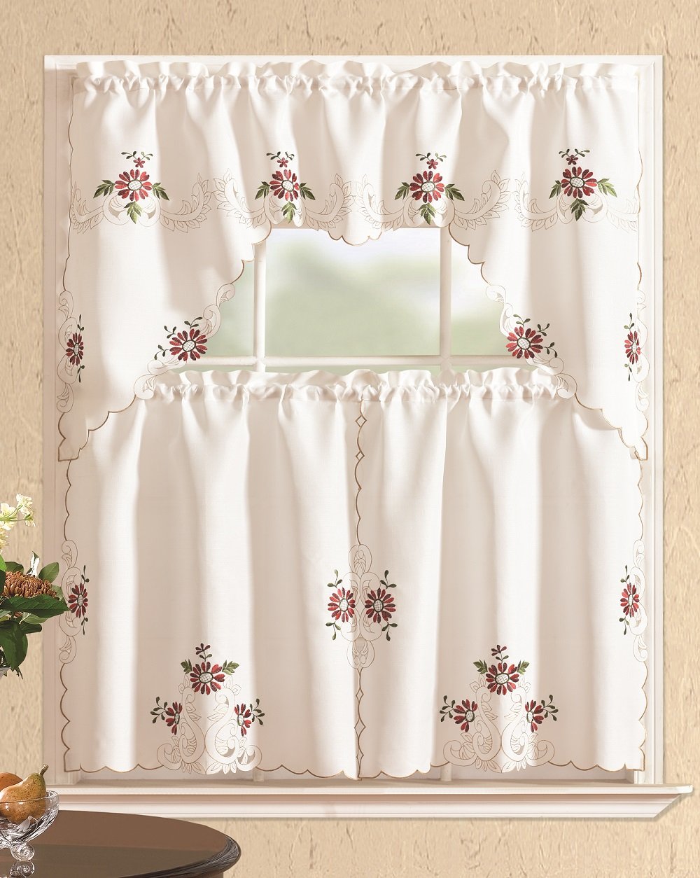 All American Collection 3-Piece Modern Embroidered Kitchen Curtain Set with Swag Valance