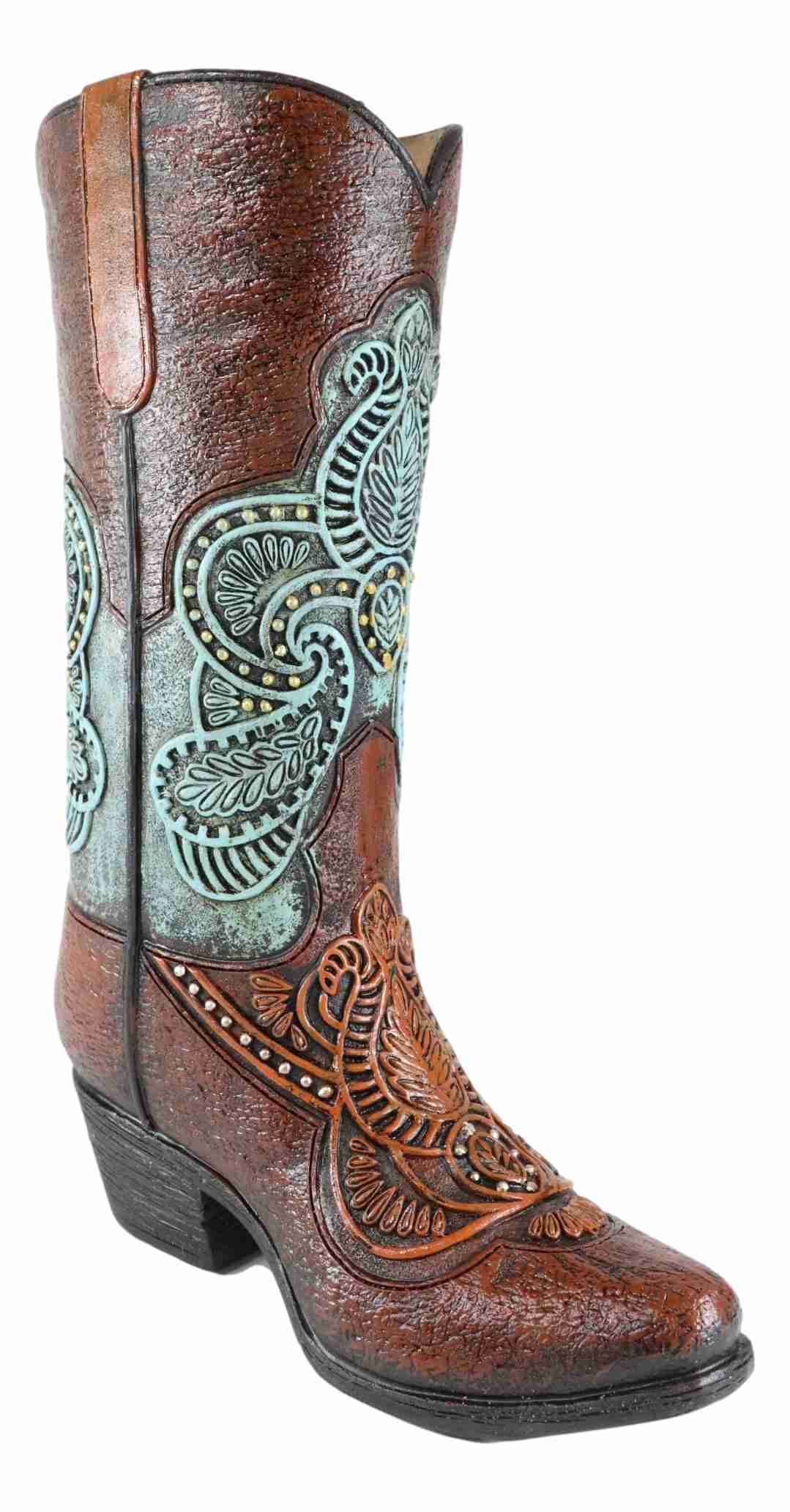 Western Style Turquoise Tooled Leather Cowboy Boot Flower Vase