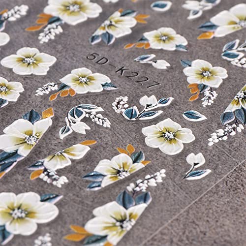 JMEOWIO 3D Embossed Spring Flower Nail Art Stickers Decals, Self-Adhesive Floral Nail Art Design Accessories
