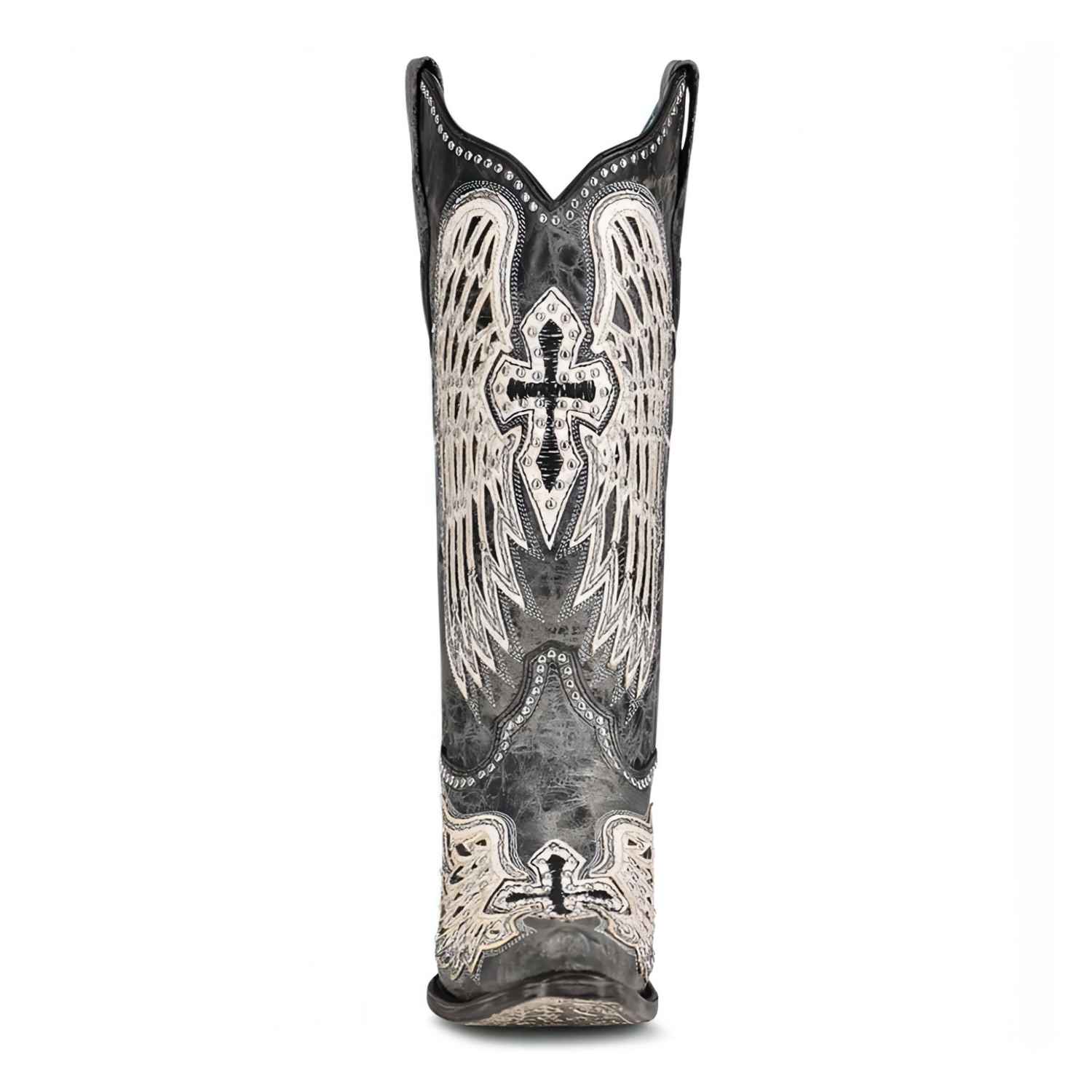 Glitter Embellished Black Cross and Wings Western Boot - A4232