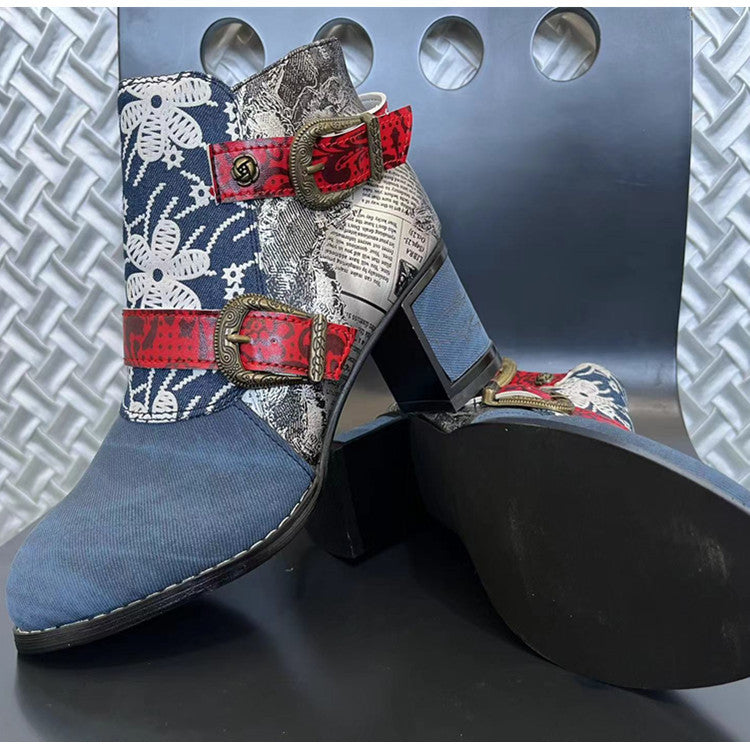Ethnic Style Women's Ankle Boots with Flower Print and Chunky Heel
