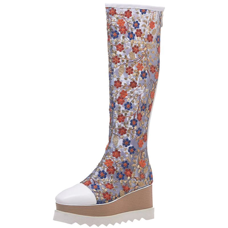 Wellezo Horpo Women's Flower Print Chunky Mesh Knee-High Boots