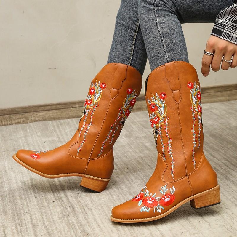 Women's Embroidered Cowboy Boots with Chunky Heel