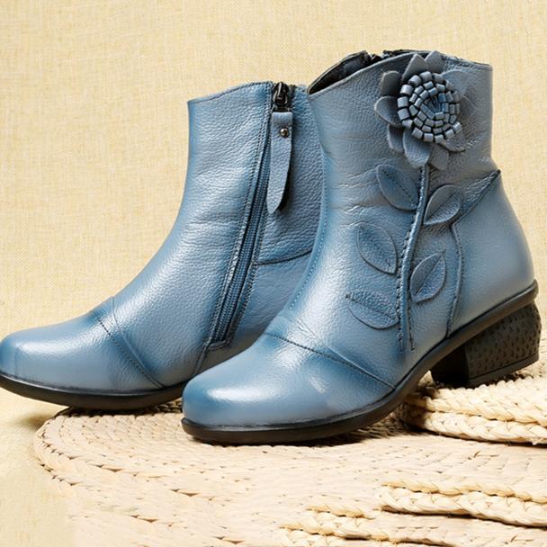 Women's Trendy Block Heel Ankle Boots with Flower Decor