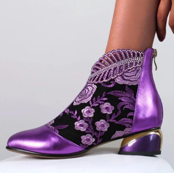 Stylish Women's Embroidered Block Heel Ankle Boots