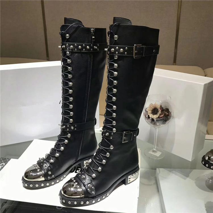 Addiex Schnoor Black Flower Print Leather Punk Boots with Hardware