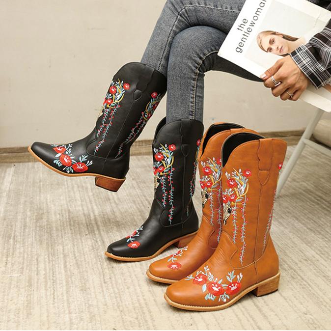 Women's Embroidered Cowboy Boots with Chunky Heel