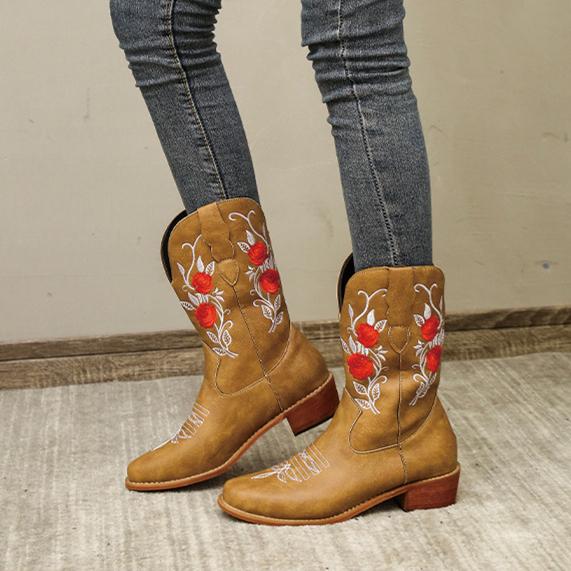 Stylish Women's Embroidered Mid Calf Boots with Chunky Heel