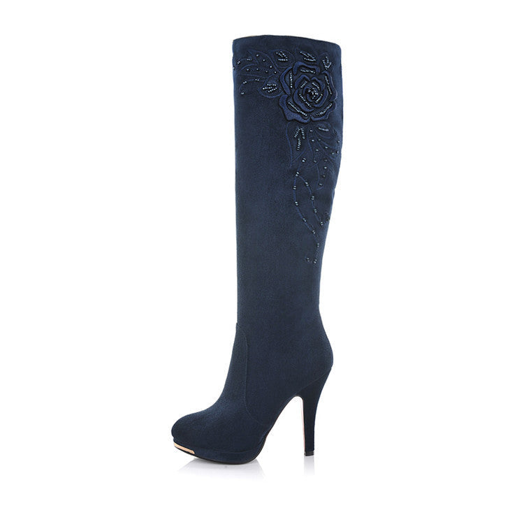 Stylish Women's Embroidered Knee-High Boots with Beaded Flowers