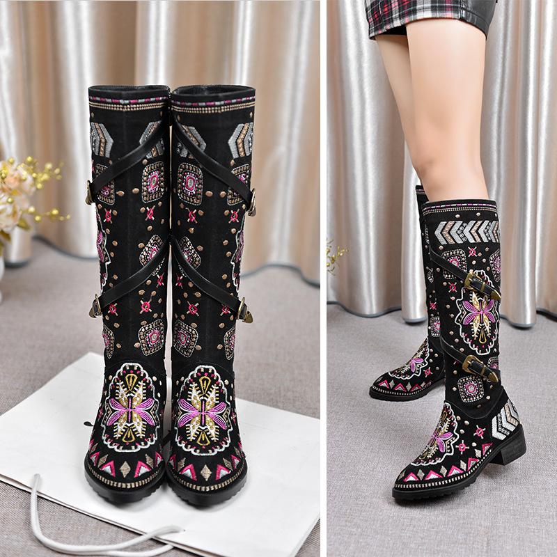 Stylish Women's Embroidered Mid-Calf Boots with Chunky Heel