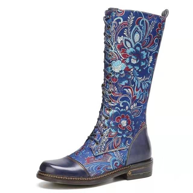 Women's Fashionable Retro Flower Lace-Up Boots