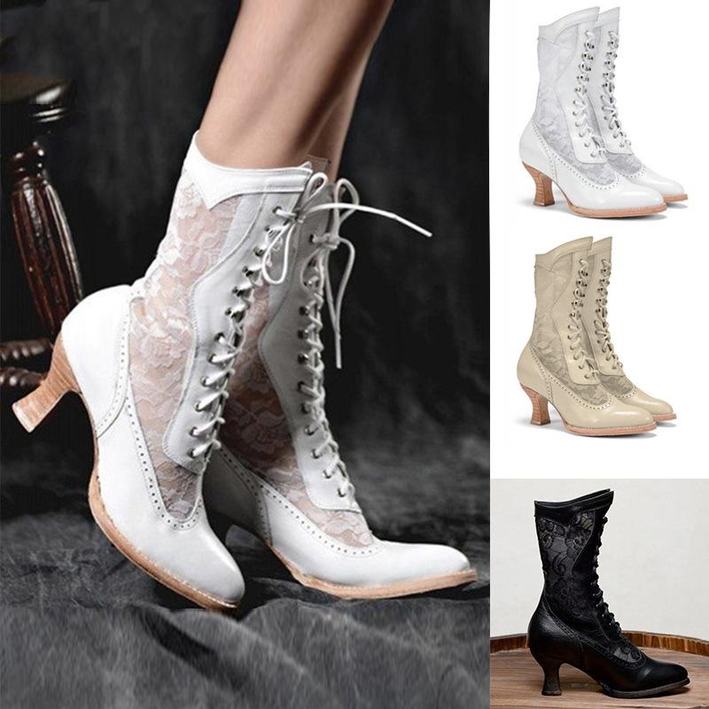 Stylish Women's Mid Calf Lace-Up Chunky Heel Boots