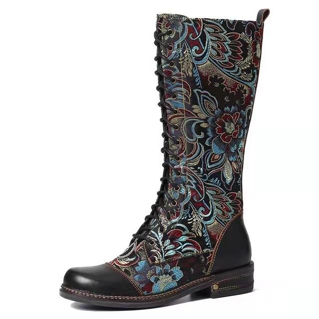 Women's Fashionable Retro Flower Lace-Up Boots
