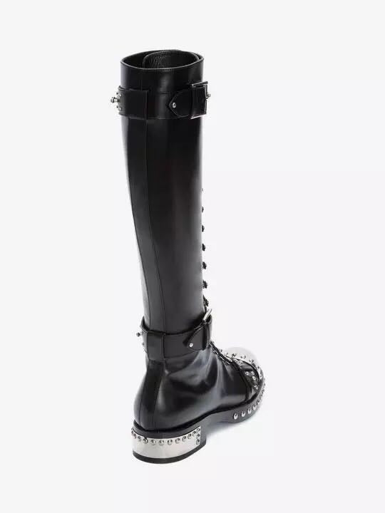 Addiex Schnoor Black Flower Print Leather Punk Boots with Hardware