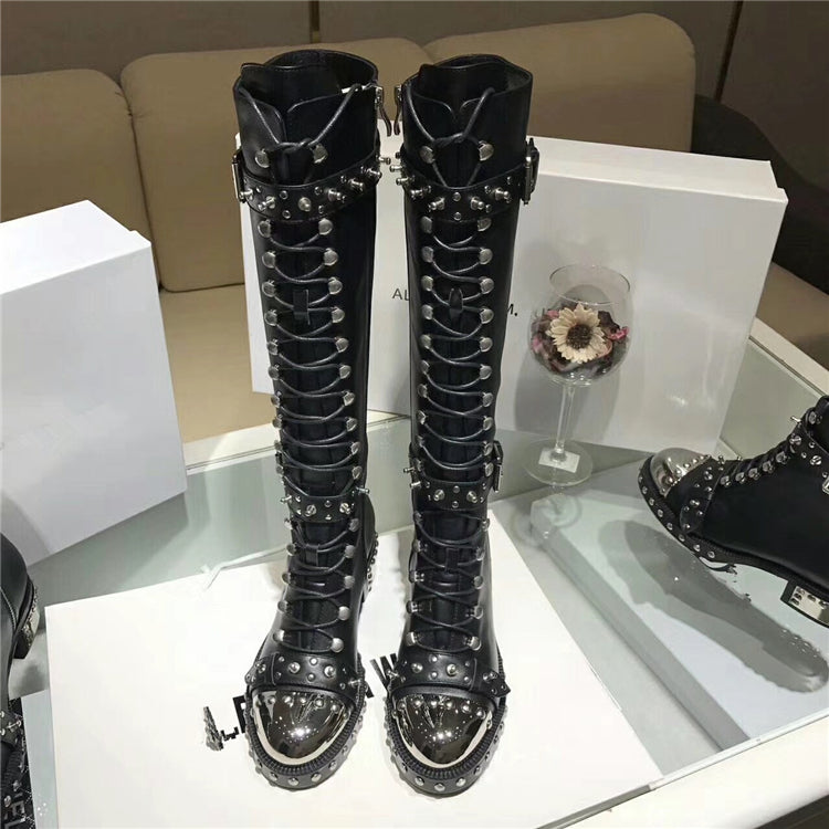 Addiex Schnoor Black Flower Print Leather Punk Boots with Hardware