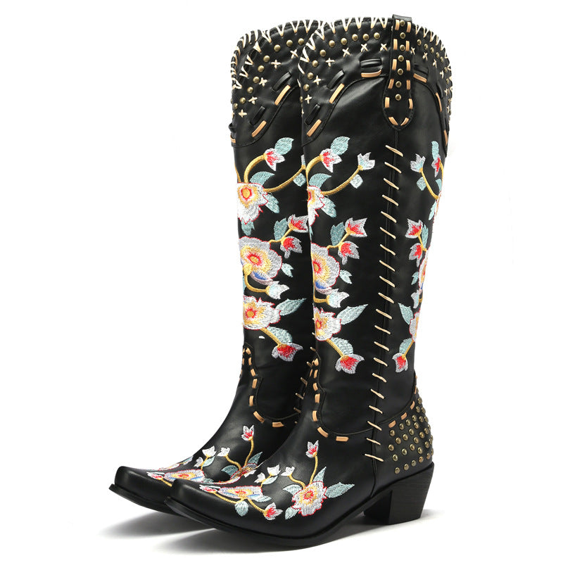 Stylish Women's Embroidered Cowgirl Boots with Chunky Heel
