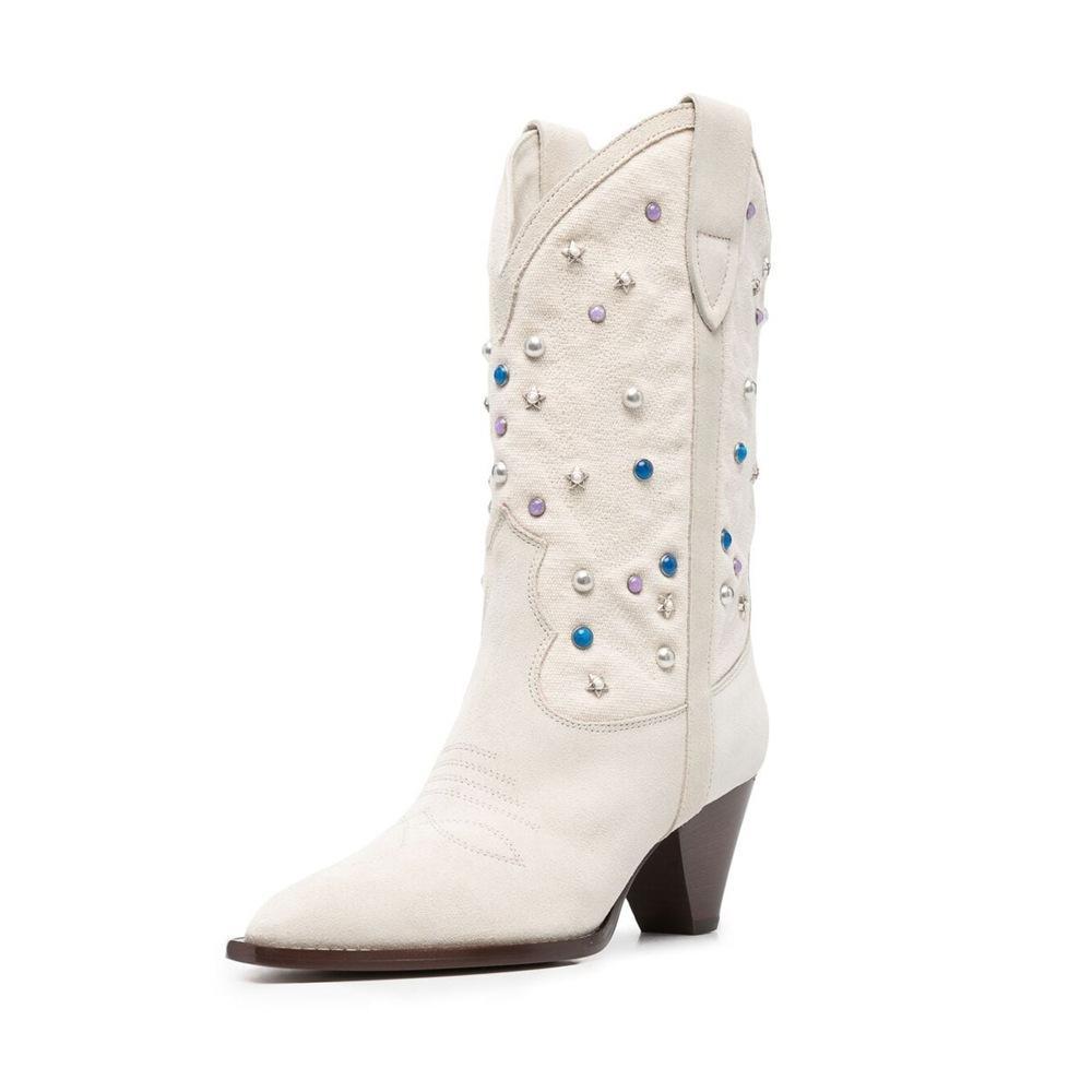 Women's Embellished Mid-Calf Cowboy Boots with Chunky Heel