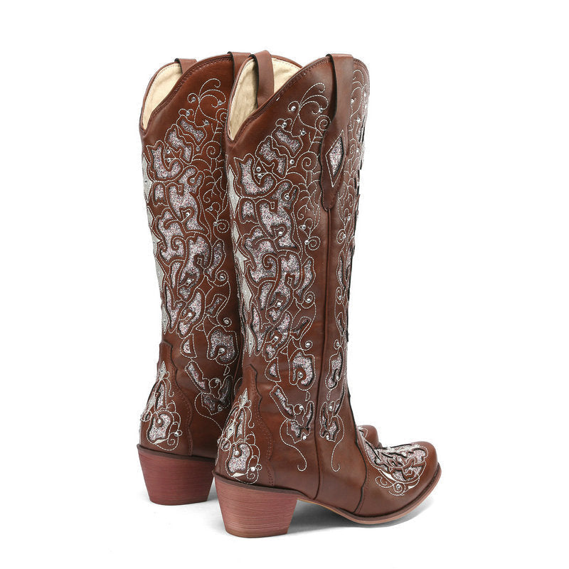 Glamorous Women's Rhinestone Knee-High Boots with Chunky Heel