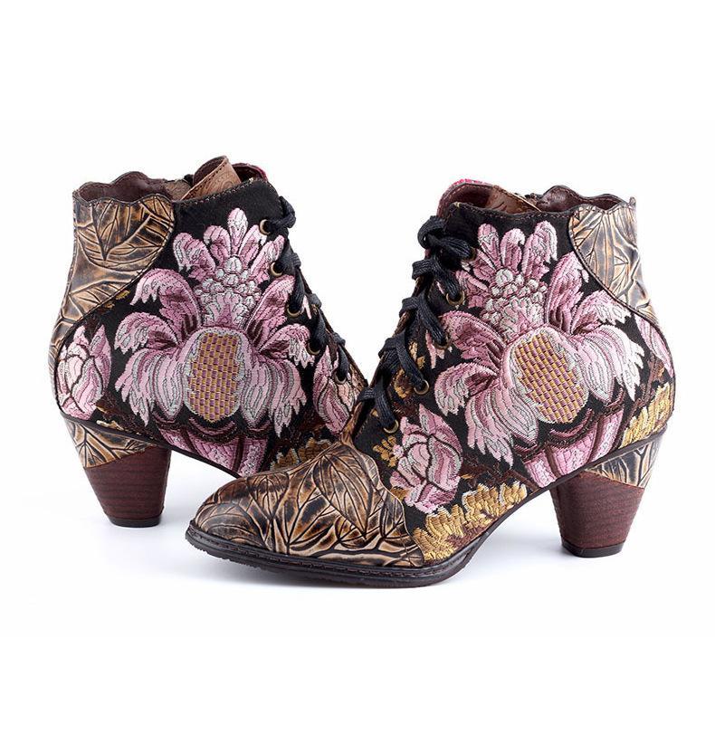 Stylish Women's Embroidered Flower Block Heel Boots