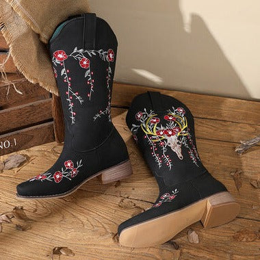Elegant Women's Embroidered Mid Calf Boots with Chunky Heel