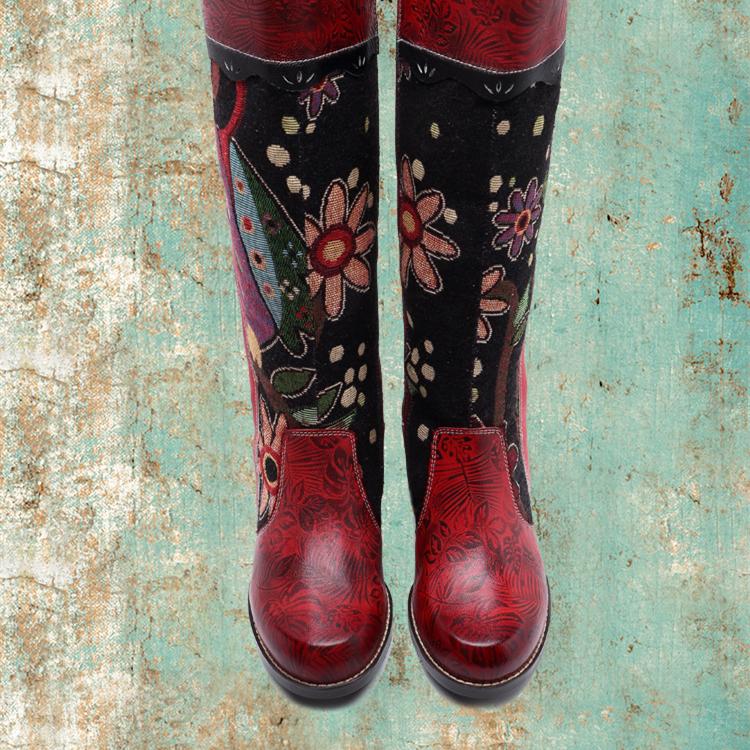 Women's Embroidered Chunky Heel Knee-High Boots