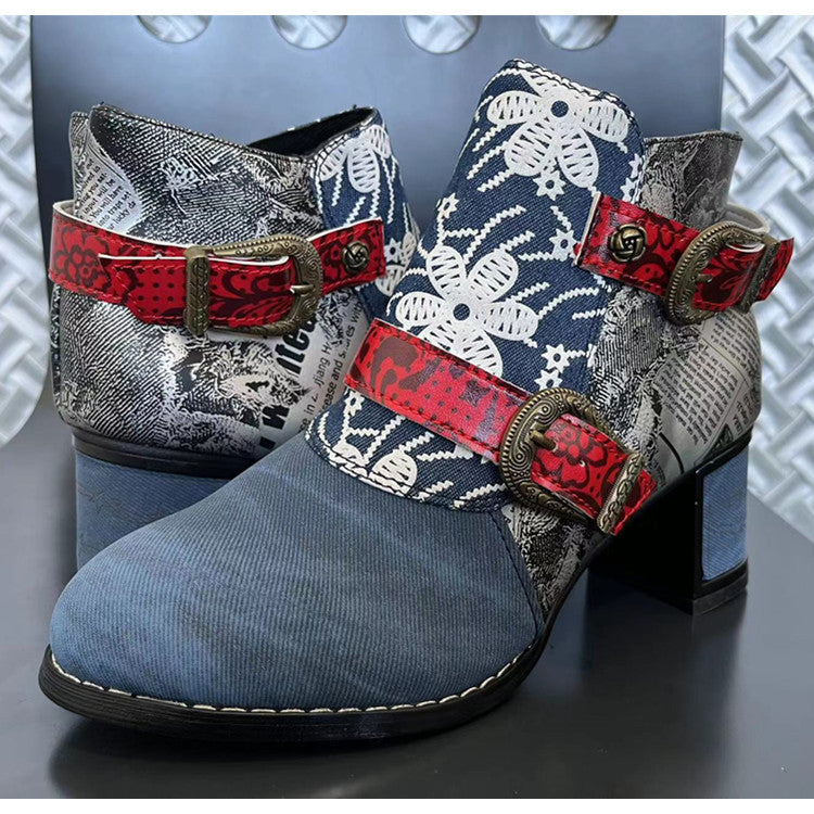 Ethnic Style Women's Ankle Boots with Flower Print and Chunky Heel