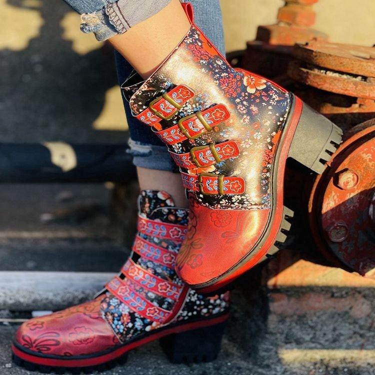 Stylish Women's Red Floral Printed Chunky Heel Boots