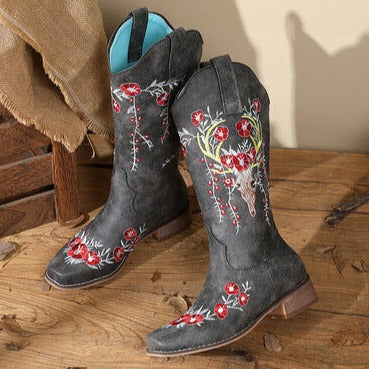 Elegant Women's Embroidered Mid Calf Boots with Chunky Heel
