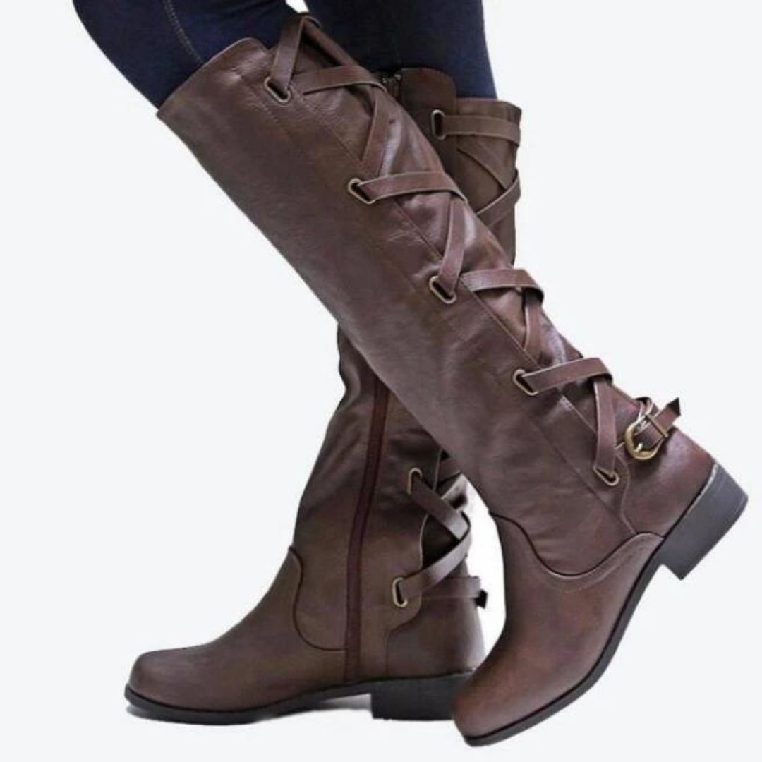 Stylish Knee-High Boots with Unique Strap Design